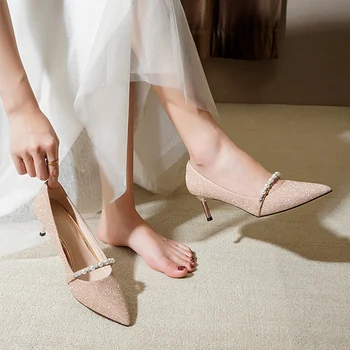 Pantofi de nunta pentru Femei 2020 Nouă de Pantofi de Mireasa Șampanie Aur Tocuri inalte Femei cu Toc Subțire All-meci Pearl Nunta, Pantofi de Cristal
