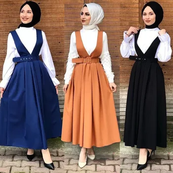 Orientul Mijlociu Stilul Femei Solide Suspensor Rochie de Moda Doamnă Subțire Talie Cutat Glezna-Lungime O-linie Musulman Rochii Toamna anului 2020