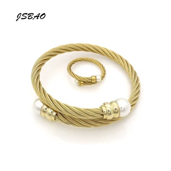 JSBAO Nou Elastice din Sârmă de Oțel Negru si Aur&Oțel Cu Perla Brățară Inel de Moda pentru Femei Seturi de Bijuterii en-Gros