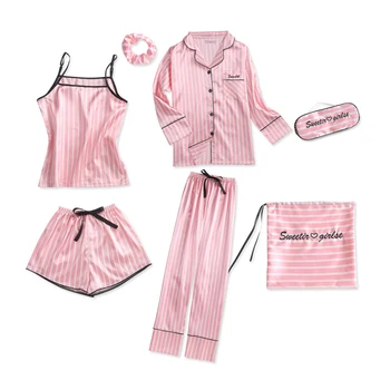 7 Piese Pijamale Pijamale pentru Femei Lenjerie Sexy Set Pijama pentru Femei din Satin Pijamale de Mătase Primavara Vara Toamna Moale Sleepwear
