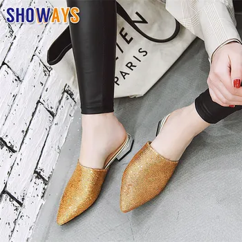 De Dimensiuni Mari Bling Femei Cărăuși Aur Paiete Pânză A Subliniat Toe Pompe Mici De Metal Pătrat Tocuri Casual, Papuci De Vară De Argint Pantofi De Damă