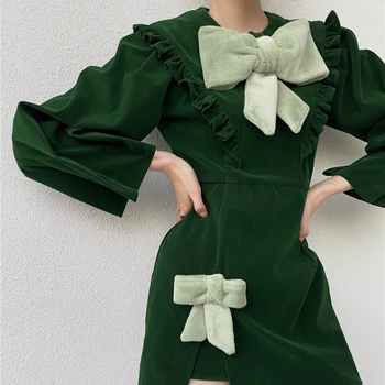 Vintage Velur Pentru Femei Rochie Cu Maneci Lungi Arc Volane Roșu Rochii Mini Elegante 2021 Primavara Toamna Coreean Petrecere Vestidos Femme