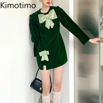 Vintage Velur Pentru Femei Rochie Cu Maneci Lungi Arc Volane Roșu Rochii Mini Elegante 2021 Primavara Toamna Coreean Petrecere Vestidos Femme