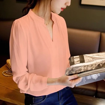 Primavara Toamna Bluze Albe Biroul Tricouri Femei V-Gât Topuri Cu Maneci Lungi Șifon Bluza Feminin Doamnelor Uzura De Muncă 3 Culori